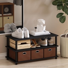 Furinno Turn-N-Tube Multipurpose Compact Open Storage Shoe Rack, Shoe Shelf Organizer with Bin Drawers, Black Oak/Black/Brown