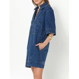 Fisoew Womens Denim Shirt Dress Summer Collared V Neck Mini Casual Jean Dresses with Pockets Blue