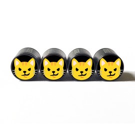 AutoValveCaps Smirking Cat Face Emoji Tire Valve Stem Caps - Black Aluminum - Set of Four