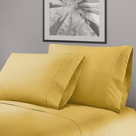 4 Piece Embossed Super Soft Fabric Microfiber Sheets King Size | Beautiful Emboss Geometric Design 16" Deep Pocket Yellow Gold Bed Sheet Set - Durable Comfortable Warm Cozy Wrinkle Free Luxury Sheet