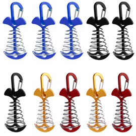 Walquicks 10Pcs Fishbone Deck Anchor Pegs, with Spring with Carabiners Aluminium Deck Tie Down Tent Stakes Buckle Aluminium Deck Windproof Tent Stakes, for Outdoor Camping Hiking