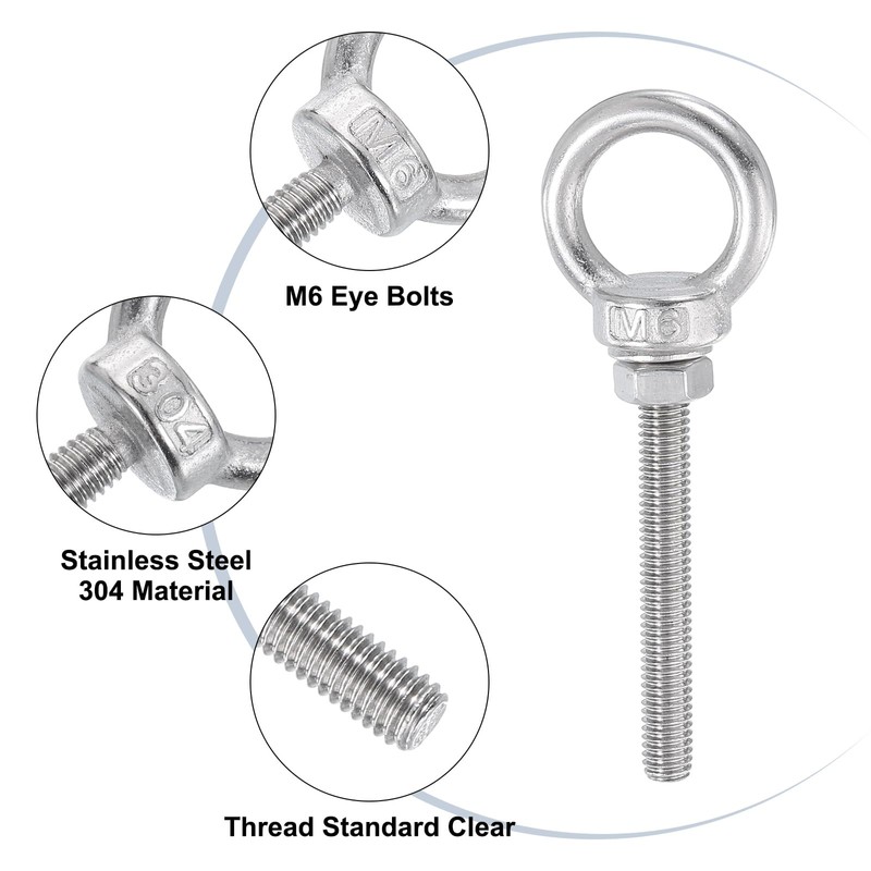 sourcing map Threaded Eye Bolts, 5Set M6x50mm - 304 Stainless