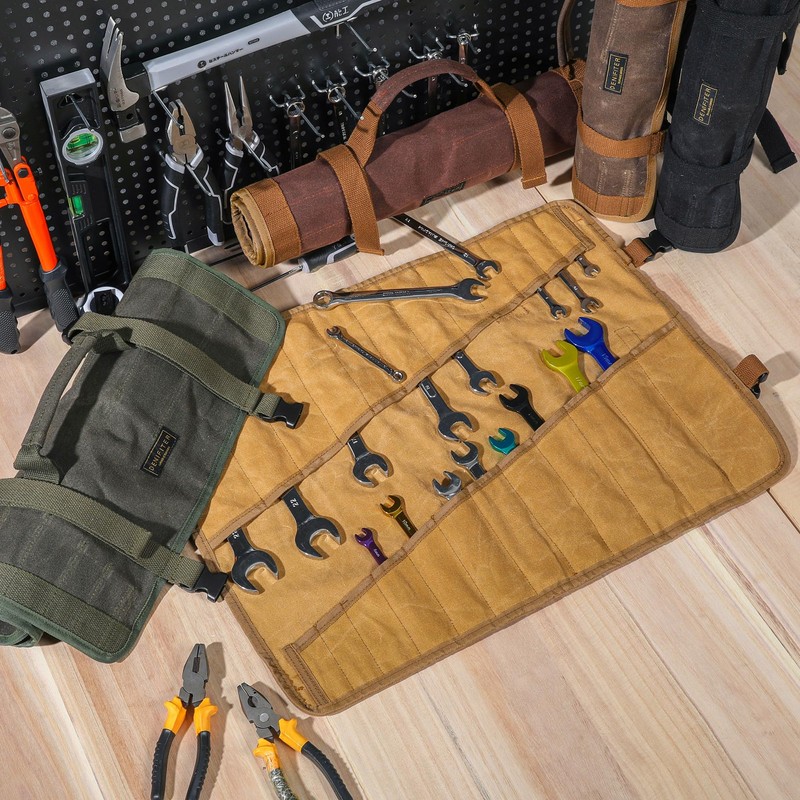 Wrench Roll Up Organizer Pouch,Heavy Duty 16oz Waxed Canvas Tool
