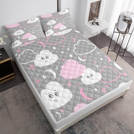 BSNTHO Cute Clouds Waterproof Mattress Pad Protector Star Sky Printing Bedding Queen Size Super Soft Breathable Mattress Pad Cover Deep Pocket Fits Up to 19"" Mattress 3 Piece, Moon