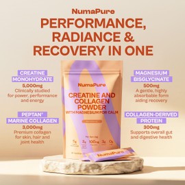 NumaPure Creatine and Collagen Powder with Magnesium - 5g Creatine Monohydrate Powder & 3g Marine Collagen Powder for Women - Peach Flavoured Creatine Sachets, No Added Sugar, 30 Daily Servings, 288g