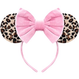 Bmobuo Leopard Print Mouse Ears Headband for Women, Pink Fuzzy Bows Park Ears, Cute Hair Band