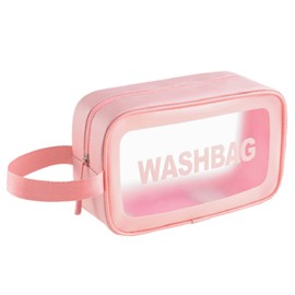 Waterproof Toiletry Bag for Women Men, Translucent Makeup Cosmetic Travel Organizer Bag Wash Bag for Travel Bathroom Toiletries Accessories with Handy Handle, Pink, Large Capacity Portable Transparent Waterproof