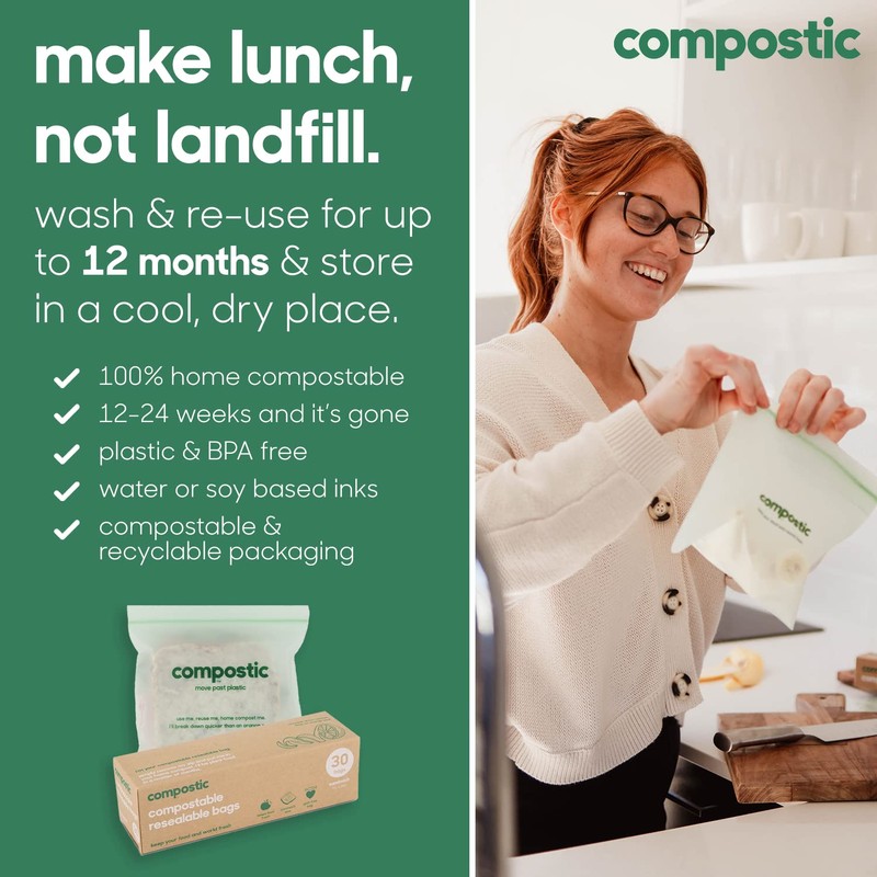 Compostic Home Compostable Resealable Gallon Bags, Microwave & Freezer Safe,