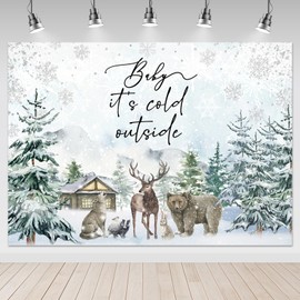 Mocsicka Baby It's Cold Outside Backdrop Winter Boy Baby Shower Background Green Mountain Pine Trees Snowflake Woodland Animals Baby Shower Party Decorations Photo Booth Props (Baby Shower, 7x5ft)