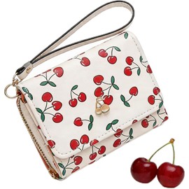 Cartera para Mujer Pequeña Bifold Compacta con Cremallera,Cereza