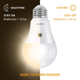 Lepro Dusk to Dawn Light Bulbs Outdoor Lighting, Auto On/Off, Light Sensor LED Bulbs, 60 Watt Equivalent, Non-Dimmable, A19 E26 Medium Screw Base, 9W 806 Lumens, Soft White, Pack of 2