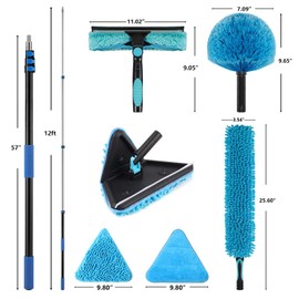 CXU 20 Feet High Ceilings Baseboard Wall Cleaner Mop with 12 Ft Extension Pole, Cobweb Duster, Window Cleaning Squeegee Kit (12ft)
