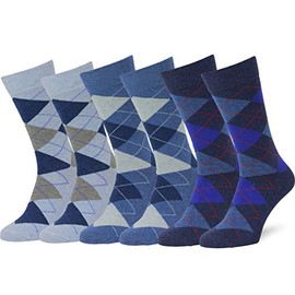 Argyle Socks for Men 6 Pack Cotton, Seamless Toe, Light Blue/Denim/Indigo Melange - 10-13