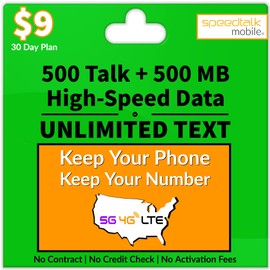 SpeedTalk Mobile Cellular Plan for Smart Phones & Cellphones - Unlimited Text + 500 Minutes Talk & 500 MB Data 5G/4G/LTE Nationwide Coverage - 30 Day Service - Universal SIM Card Included