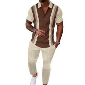 UOUA Mens Sweat Suits Set Tracksuit 2 Piece Outfits Short Sleeve Casual Sweatshirt & Loose Jogging Pants Polo Track Suit Loungewear Athletic Sweatsuit Brown Beige XL