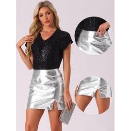 Allegra K Metallic Shiny Skirt for Women's High Waist Slit Sparkly Rave Party Bodycon Mini Skirts Large Silver