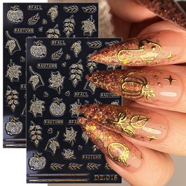 2 Sheets Fall Nail Stickers for Nail Art 5D Embossed Self-Adhesive Maple Leaf Nail Art Stickers Autumn Maple Leaves Pumpkin Nail Decals with Glitter Diamond Thanksgiving Nail Design Sticker for Women