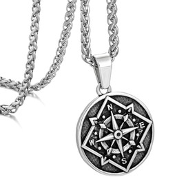 Crafted Compass Coin Necklace with Wheat Chain for Men, Mens Necklace with Compass Pendant Perfect for Travelers and Adventurers, 22 inch (22, Antique silver-Round-Wheat Chain)
