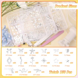 150 Pcs Silver Nail Charms, 15 Styles Gun Star Butterfly Snake Bow Rose Heart Alloy Nail Silver Charms Mix Y2K Nail Jewels Gems for Nails Art Supplies DIY Manicures