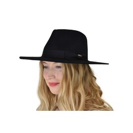 C.C Teardrop Dent Wool Wide Brim Panama Fedora Hat with Band Accent, Solid Black