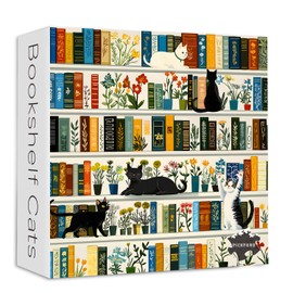Retro Bookshelf Book Jigsaw Puzzles 1000 Pieces, PICKFORU Vintage Cat Flower Puzzles for Adults Wildflower, Funny Cute Kitten Theme as Wall Decor