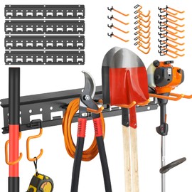 Unaikoo Garden Tool Organizer Wall Mount - Garage Storage and Organization Yard Tool Hanger with Adjustable Pegboard Hooks Shed Rack for Broom Mop Shovel Rake Trimmers, 64 inch Max 750lbs, Black