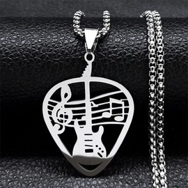 Silver Fender Guitar Pick Necklace Stainless Steel Chain Rock Band Music Lover Long Hair Music Metal Shred Passion Love Dangle Thrash Goth Punk Style Emo (FPickNK)