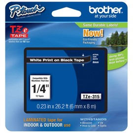 Brother Genuine P-touch TZE-315 Tape, 1/4" (0.23") Wide Standard Laminated Tape, White on Black, Laminated for Indoor or Outdoor Use, Water-Resistant, 0.23" x 26.2' (6mm x 8M), Single-Pack, TZE315