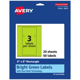 Avery Printable Rectangle Labels with Sure Feed Technology, 3" x 5", Bright Green Labels, Print-to-The-Edge, Laser/Inkjet, 60 Total, Great for Shipping Labels and Packaging Labels