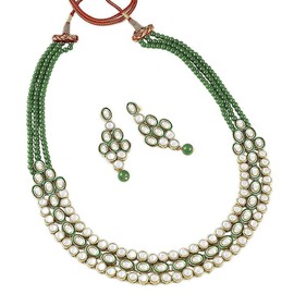 I Jewels Womens 18K Gold Plated Indian Wedding Bollywood Stunning Meenakari Kundan Studded Pearl Necklace Jewellery Set With Earrings (Ij366G) Free Size Green