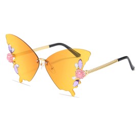 YAMEIZE Vintage Rhinestone Butterfly Rimless Sunglasses - for Women Men Trendy Diamond Crystal Butterfly Shaped Rhinestone Butterfly Eyewear UV Protection Party, Gradient Orange