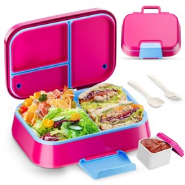 Bento Lunch Box Kids, 4 Compartments Bento-Style Container, Leak-Proof Bento Box Adults Lunch Box, Double Layer Lunch Container with Handle, BPA-Free, Dishwasher Safe, Food-Safe Materials (Pink)