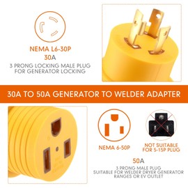 Kanayu Generator Welder Adapter Compatible with NEMA L6-30P to 6-50R 3 Prong 30 Amp Locking Male Plug to 50 Amp Female Receptacle Adapter Generator RV EV Charger Power Cord Connector (Yellow)