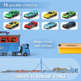 GLW 78 Inch Foldable GLWExtended Carrier Truck Race Track Playset with Portable Storage Box– 16 Die-Cast Cars, Multi-Functional Transform Truck Toys for Toddlers Ages 3-8