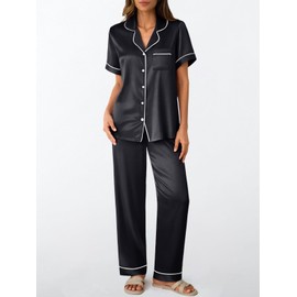 LILLUSORY Womens Silk Satin Pajama Set 2025 Pjs Lounge 2 Piece Fall Outfit Sleepwear Button Down Loungewear Matching Clothing Black M