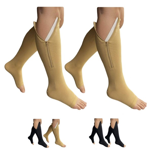 HealthyNees Open Toe 15-20 mmHg Compression Plus Size Wide Calf Leg Zipper Socks (2 Pairs Beige, L/XL)