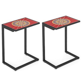 Tangkula C-Shaped Outdoor Side Table, w/Ceramic Top & Anti-Rust Metal Frame, Small Patio End Table for Couch, Sofa & Bed, Outdoor & Indoor Accent Furniture for Living Room, Poolside, Balcony (2, Red)