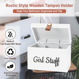 Wooden Girl Stuff Tampon Holder Box with Lid and Copper Leather Pull, Modern Bathroom Decorative Box for Feminine Product Storage and Accessories such as Tampons, Cotton Balls, Wipes, Gifts for Women