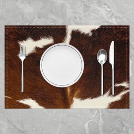 4 Pcs of Cowhide Fur Placemats 12X18 Kids Brown White Cow Hair Place Mats Cow Print Table Mats Women Men Rustic Cow Skin Farmhouse Animal Lumbar Placemats for Dining Table