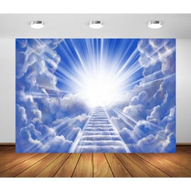 Loccor 8x6ft Fabric Stairway to Heaven Backdrop Paradise Stairs Holy Light Clouds Photography Background Christian Activity Decor Church Photo Booth Props Memorial Banner Funeral Wallpaper