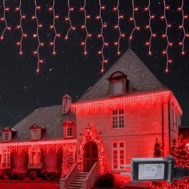 Hopolon 33FT 360L LED Christmas Icicle Lights Outdoor Waterproof,8 Modes Plug in Curtain String Lights with 60 Drops,Christmas Lights for Wedding,Party,Bedroom,Home,Garden,Wall Decorations(Red)
