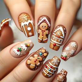 Christmas Press on Nails Medium Square SWEKKE Winter Fake Nails Brown False Nails with Designs Cute Ginger Bread Man Snowflake Glossy Glue on Nails Xmas Acrylic Nails for Women Girls 24 Pcs