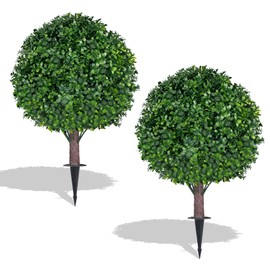 EverNature Artificial Boxwood Topiary Ball Trees,2 Set of 16'' UV Resistant Fake Evergreen Shrubs Bushes Plants with Ground Spike, Fake Plants for Outdoor Indoor Front Porch Garden