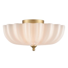 SHAWNKEY Gold Ceiling Light Fixture Brass Bedroom Flush Mount Ceiling Light Modern Gold for Entryway Bathroom Living Room Milky Glass Flower Scalloped Shade