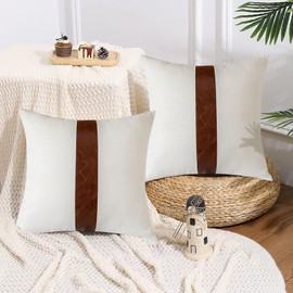 JOTOM Set of 2 Linen Faux Leather Patchwork Throw Pillow Covers 40x40cm Modern Stripe Patchwork Farmhouse Decor Cushion Covers Pillow Cases for Couch Living Room Bed Outdoor Sofa Decor (Cream White A)
