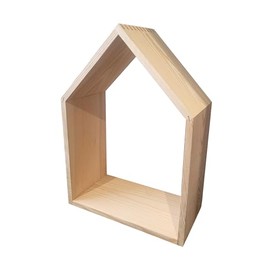 Wooden World - Wooden Shelf Plain Wall Hang Shape Of House Pine Wood - Large