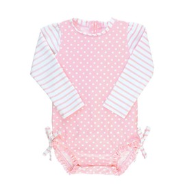 RuffleButts Baby Girls UPF 50+ Sun Protection Polka Dot Long Sleeve One Piece Rash Guard Swimsuit with Zipper - Pink Polka, 18-24m