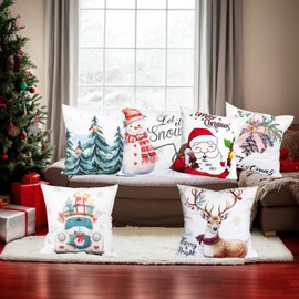 Xyxu Christmas Cushion Covers Set Of 6, Merry Christmas Decorations indoor Colorful Christmas Pillow Cases Covers, Soft Plush Cartoon Winter Xmas Design Cushion Covers 40 x 40 cm for Sofa Decor indoor