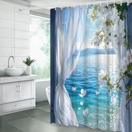 ZRUWUA Beach Coastal Shower Curtain Ocean White Floral Window Seascape Hawaii Tropical Summer Landscape Bathroom Decor Curtain with Hooks,Blue White