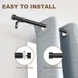 Black Heavy-Duty Curtain Rod, 32-144 Inches, Modern Outdoor Design with Gold End Cap